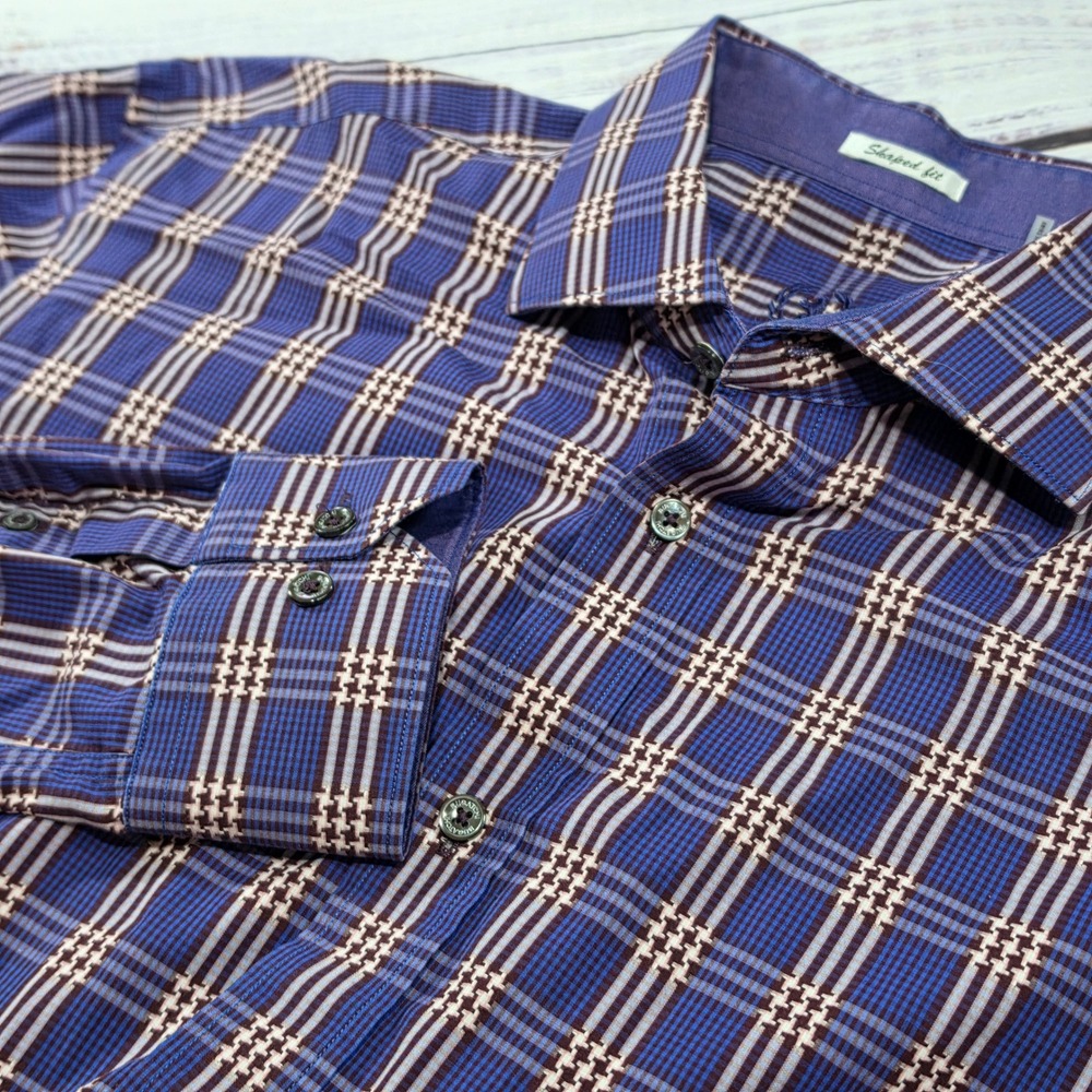 Bugatchi Button Down Shirt Mens‎ XL Blue Plaid Excellent Shaped Fit Long Sleeve